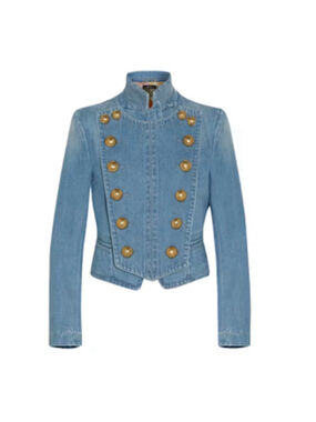 Gucci Spring 2015 Denim Military Blazer Jacket 40 Gold Crest Buttons Silk Lined